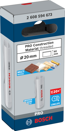 Závitová děrová pila Bosch PRO Construction Material s dlouhou životností 20 mm.